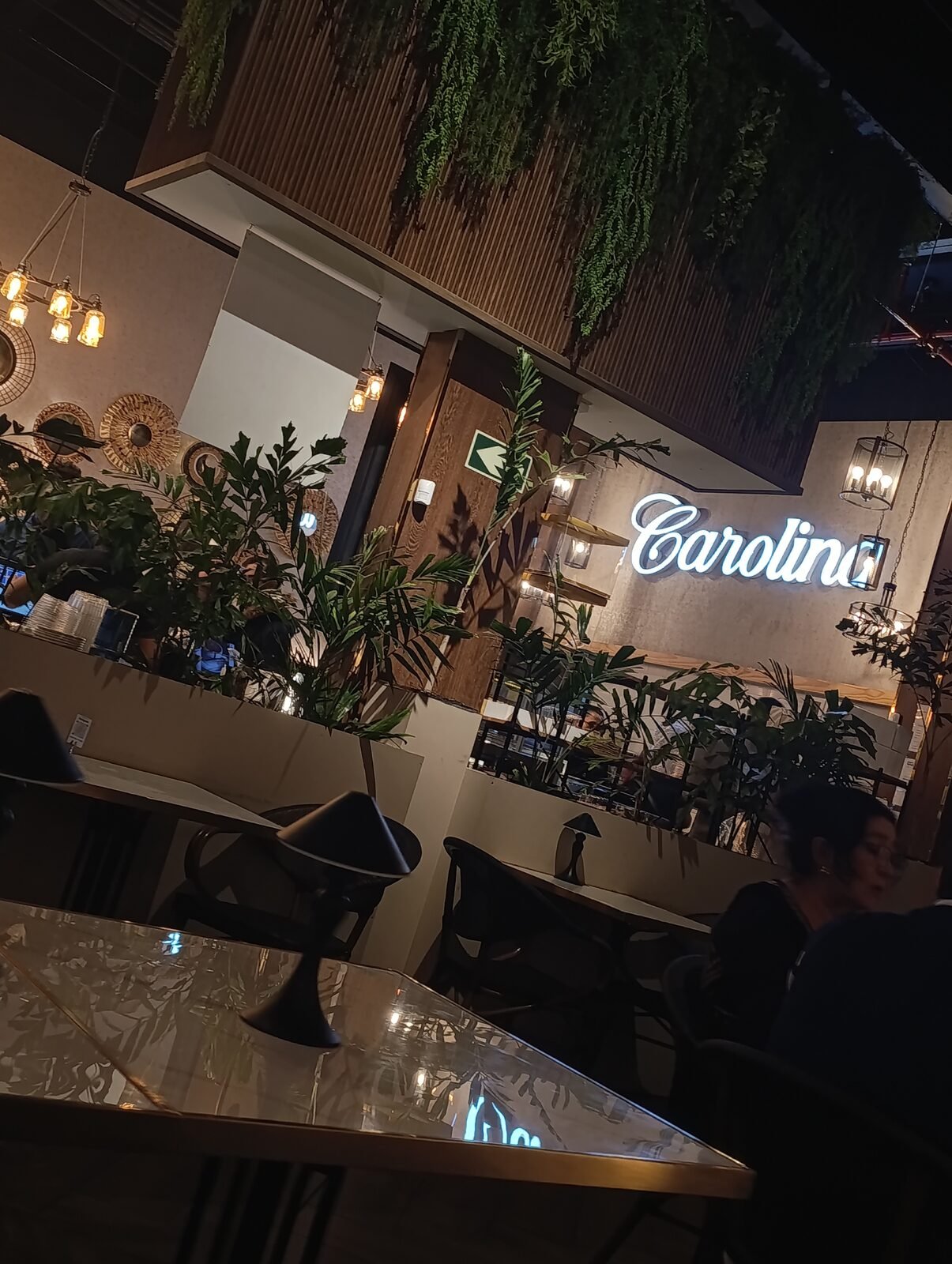 Carolina's dining room: neon, plants and marble tables