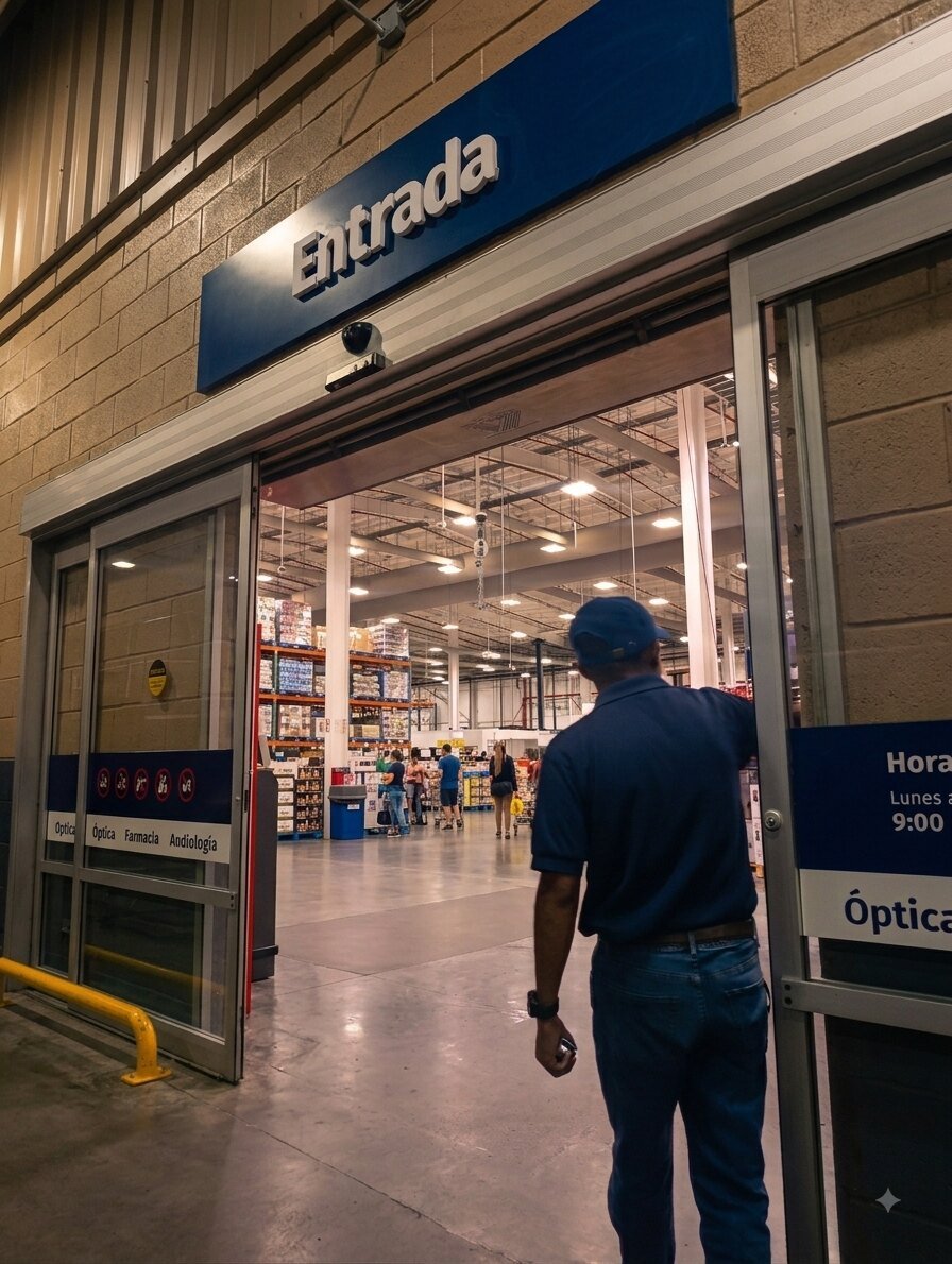 The PriceSmart entrance on a Saturday night — airport-level traffic